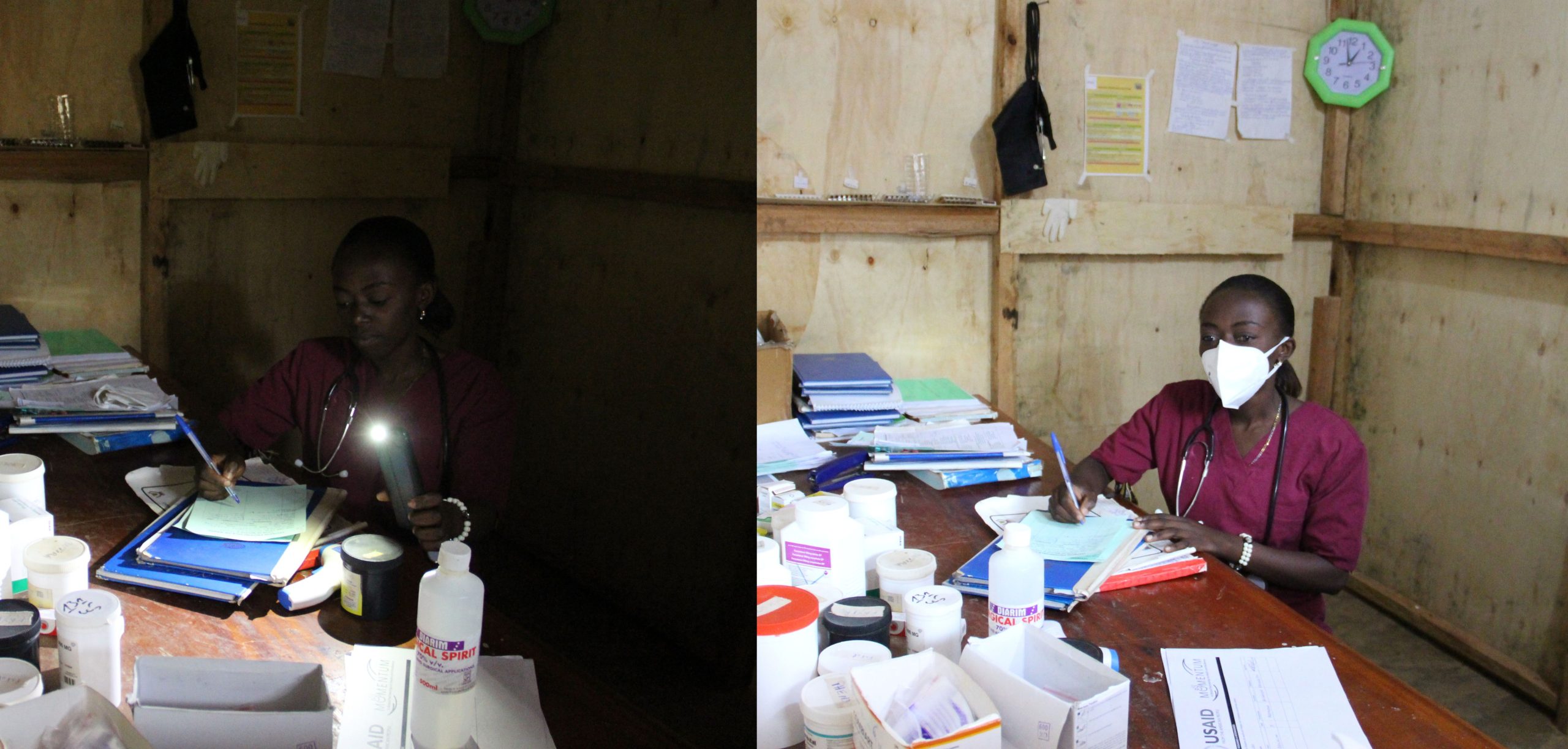 ممرضة في مرفق شمال كيفو توضح الطريقة التي اعتادت أن تعمل بها بعد حلول الظلام باستخدام مصباحها اليدوي للحفاظ على سجلات المرضى والأوراق مقارنة بالإضاءة الليلية الكاملة. 