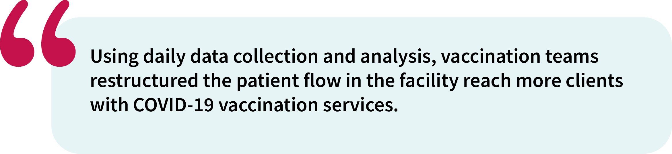 Using daily data collection and analysis, vaccination teams restructured the patient flow in the facility reach more clients with COVID-19 vaccination services.