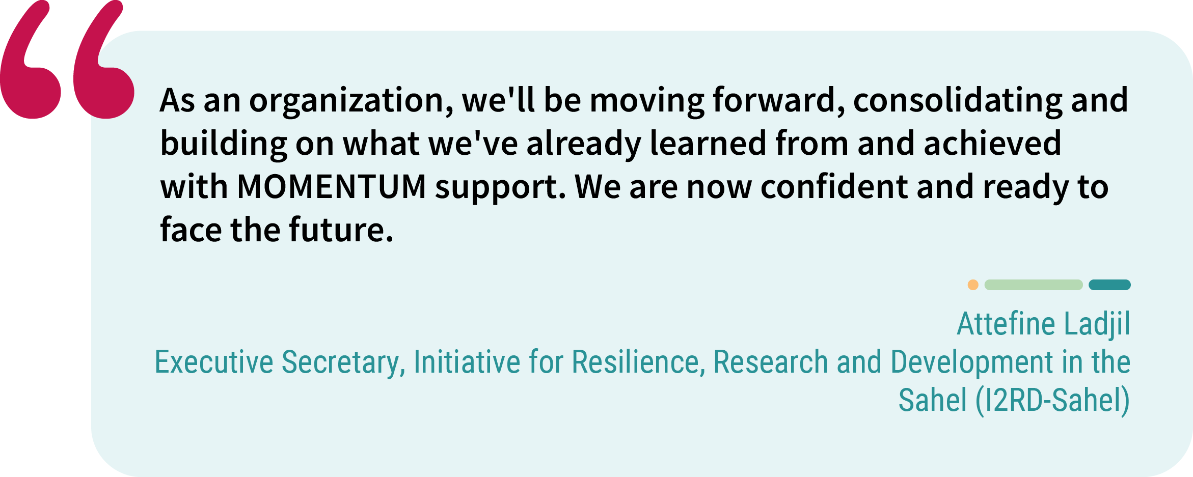 Quote from Attefine Ladjil, executive secretary, Initiative for Resilience, Research and Development in the Sahel (I2RD-Sahel). “As an organization, we'll be moving forward, consolidating and building on what we've already learned from and achieved with MOMENTUM support. We are now confident and ready to face the future.”